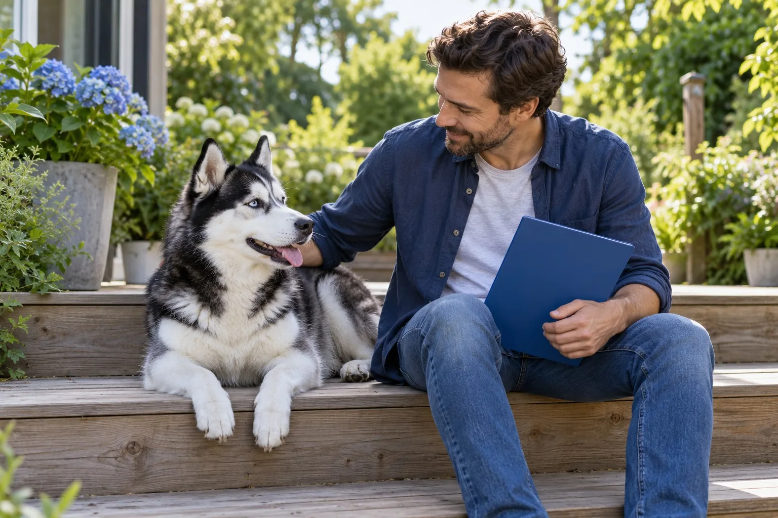 Owner seated in a garden with a black-and-white dog and policy folder